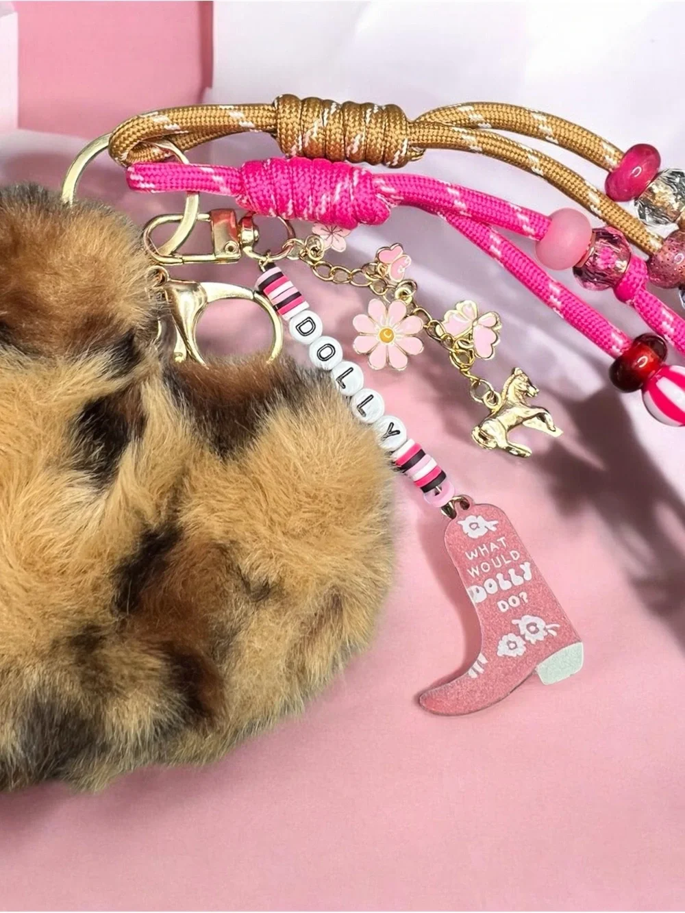 Dolly Inspired Gold Cheetah Heart Fur Pom Bag Charm Keychain 🐎💗